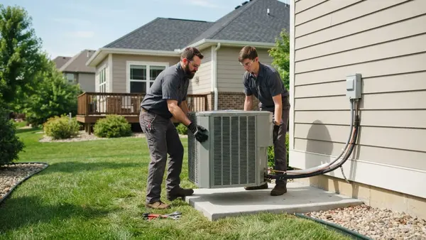 Installers placing a new central air conditioner condenser beside a home