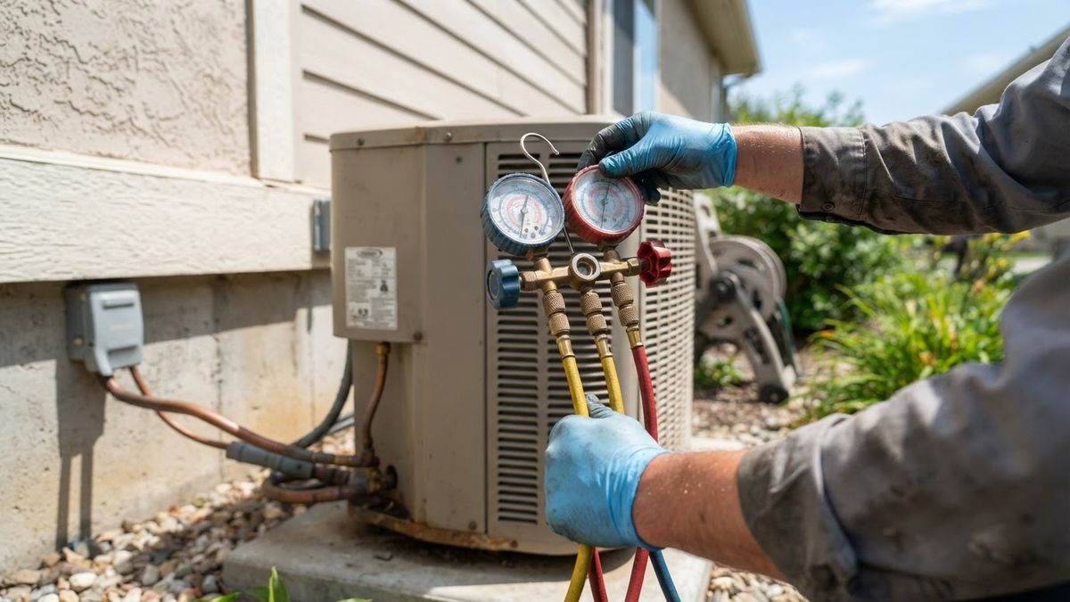 Technician checking refrigerant pressure on an outdoor AC unit