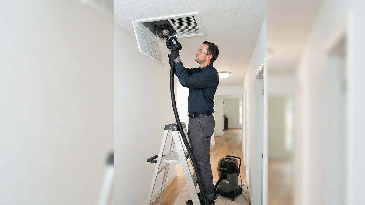 Technician cleaning an air duct vent with a brush and vacuum