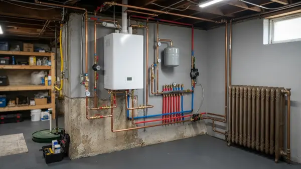 Wall-mounted condensing boiler with new piping in a basement