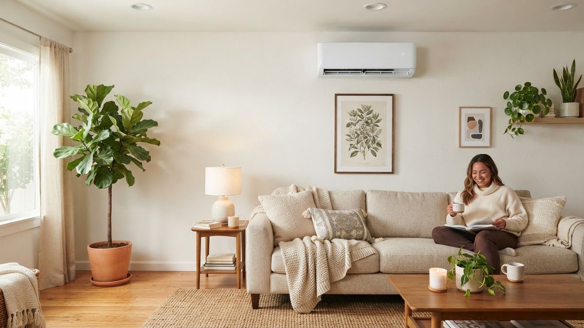 Ductless mini-split unit mounted on a living room wall