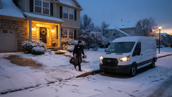 HVAC service van arriving at a snowy home for emergency repair
