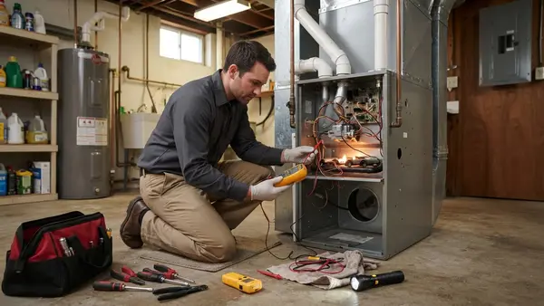 Technician testing furnace components with a multimeter during a repair