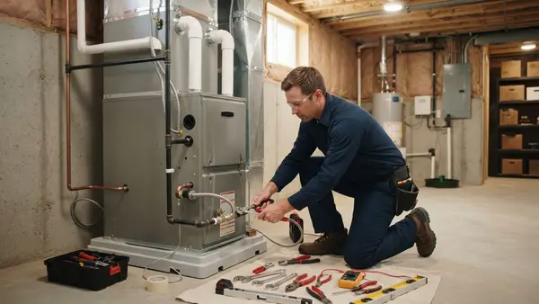 HVAC technician installing a new high-efficiency gas furnace in a basement