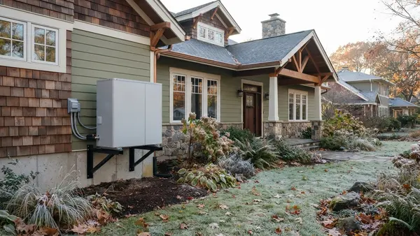 New outdoor heat pump installed beside a house in autumn