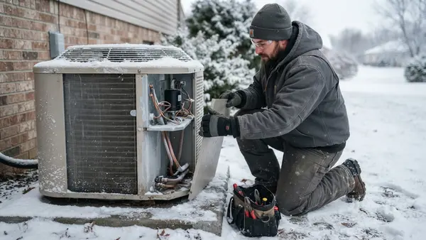 Technician servicing an outdoor heat pump in winter snow