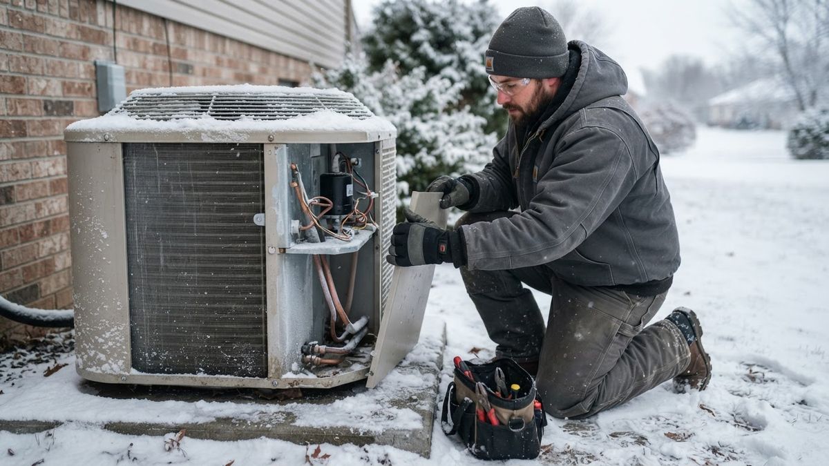 Technician servicing an outdoor heat pump in winter snow