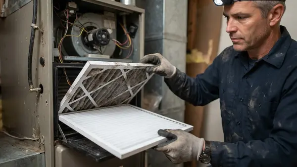 Technician replacing a dirty furnace filter with a clean one