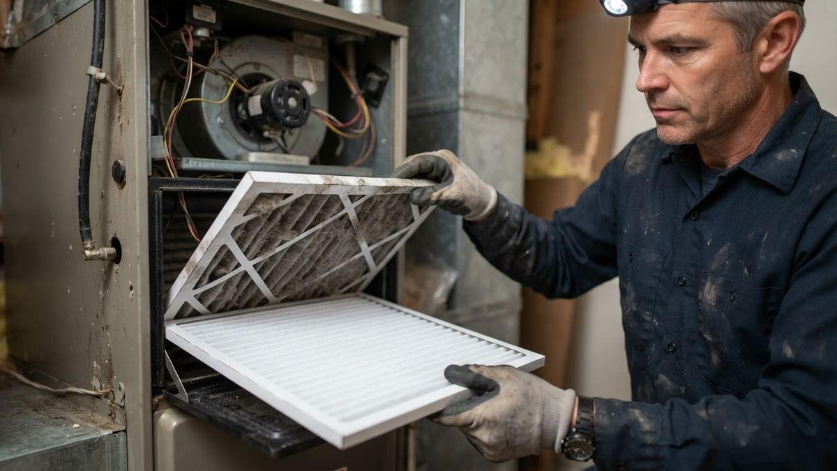 Technician replacing a dirty furnace filter with a clean one