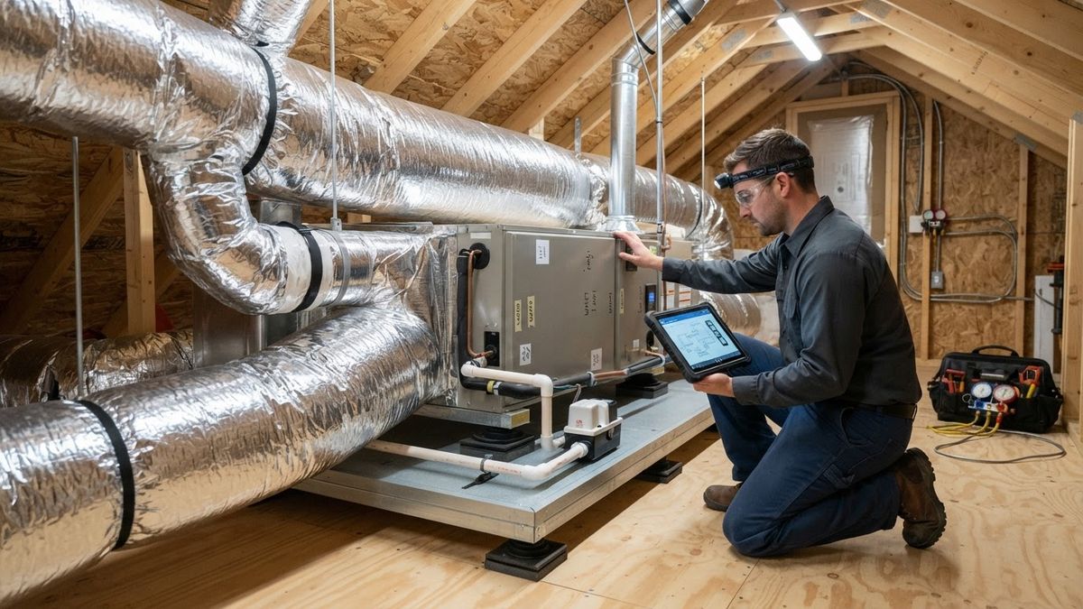 New air handler and insulated ductwork installed in an attic